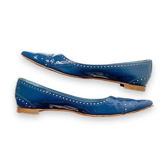 Manolo Blahnik PETUNIA Brogue Patent Leather Blue Tuxedo Ballet Flats Women’s 37 - Picture 5 of 9